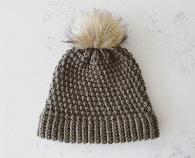 Doubled Brim Popcorn Beanie | Toque w/ Snap On|Off Honey Faux Pom - Fatigues