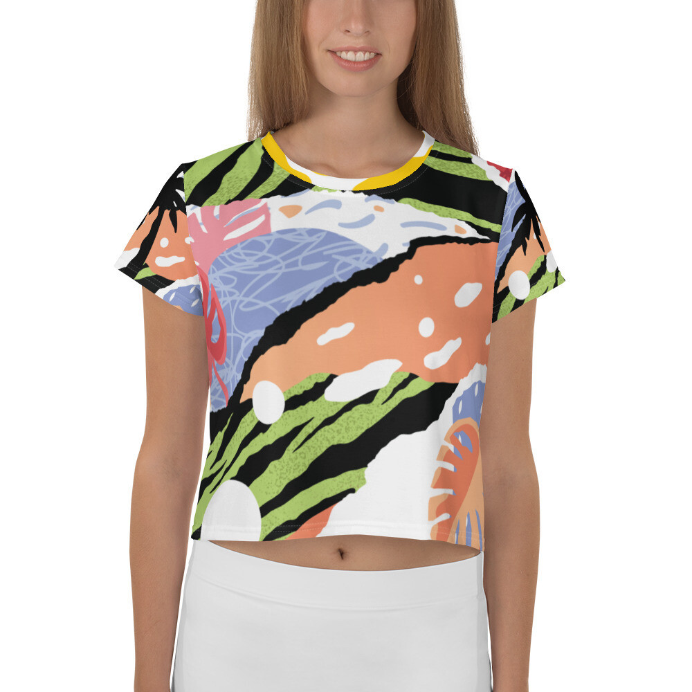 Tropical Palm All-Over Print Crop Tee, Size: XS