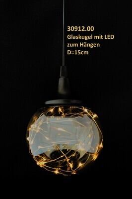 Kugel m. LED z. Hängen, D=15cm, Glas