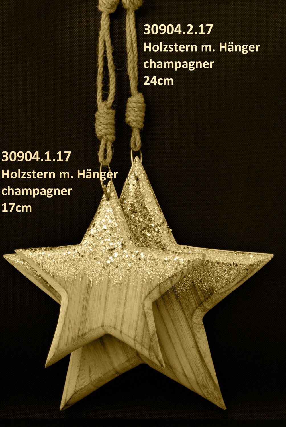 Stern m. Hänger 17cm od. 24cm, Holz, champagner