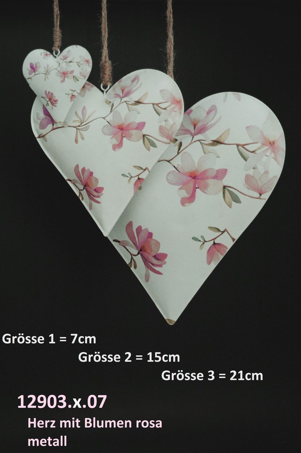 Herz m. Blumen z.H. 7-21cmcm, Metall, rosa