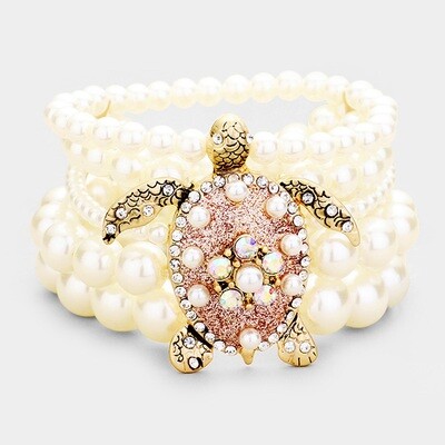 5 Row strand pearl crystal shell stretch bracelet