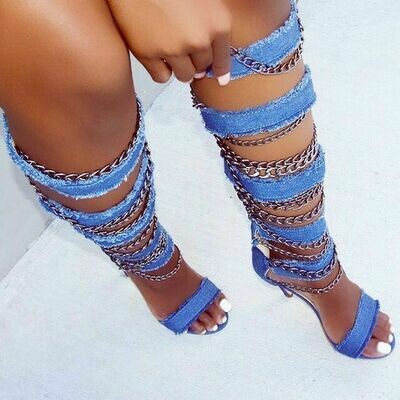 Denim Straps with metal Chains Sandals Boots Open Toe Gladiator