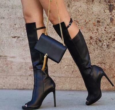 Black Leather Women Peep Toe Knee High Boots