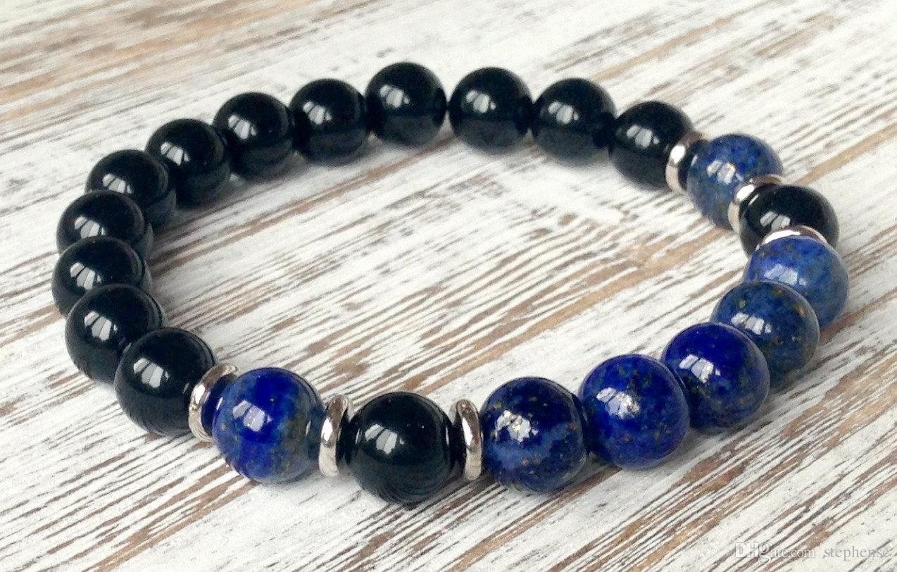 Men Black Onyx Grade Lapis Lazuli Bracelet Heart Chakra Yoga Jewelry*