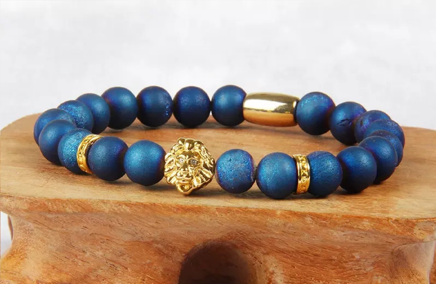 Top Quality Men's African Blue Scrub Stone with PVD Plated Lion Head Bracelet