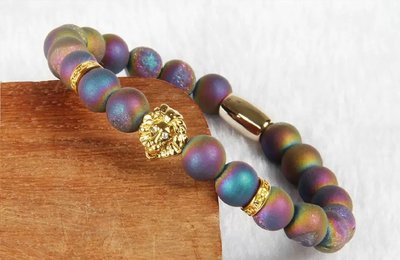 Top Quality Unisex African Colorful Scrub Stone with PVD Plated Lion Head Bracelet