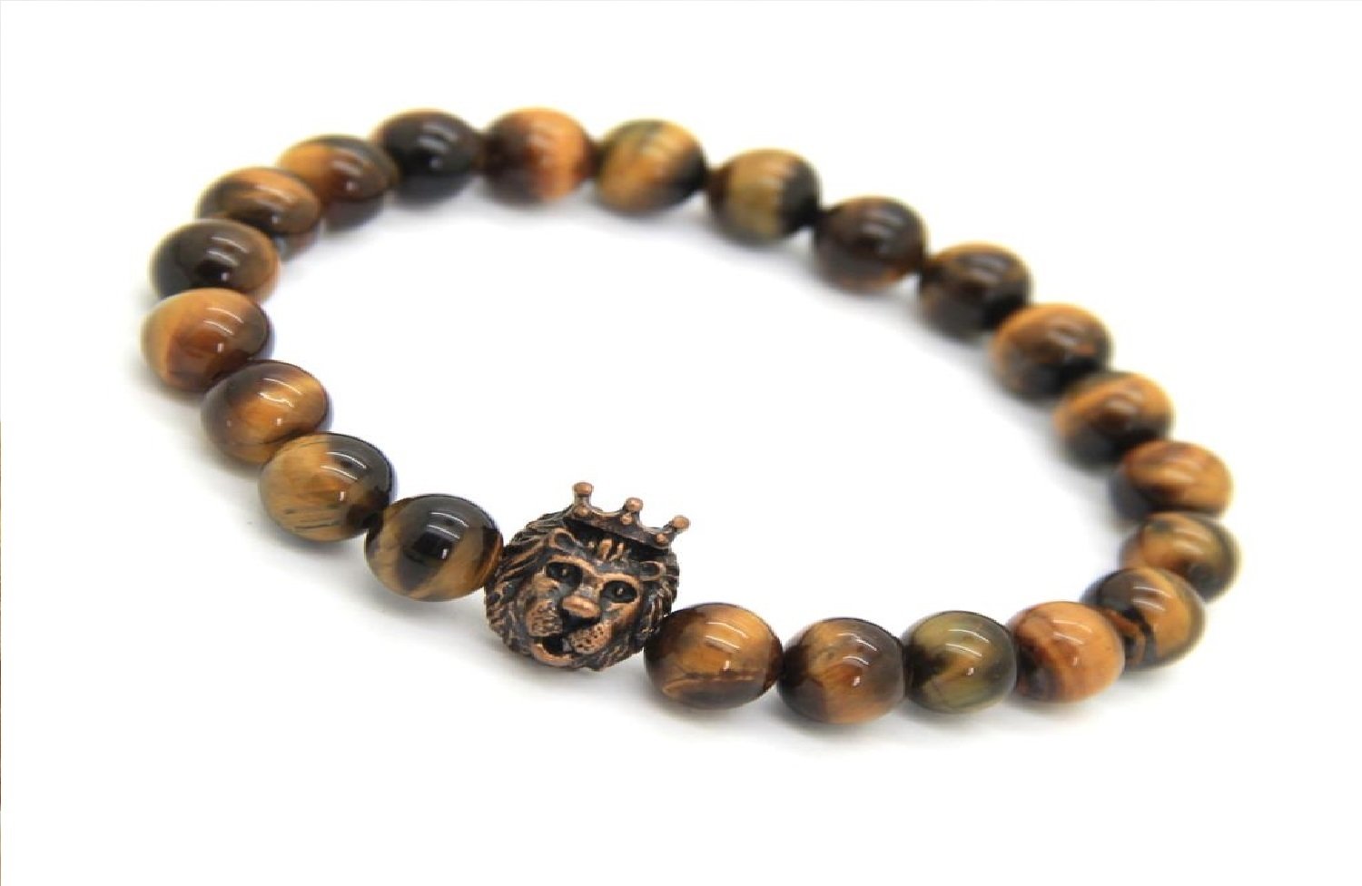 Men's Natural Tiger Eye Stone Beads with Copper Crown Lion Head Bracelet