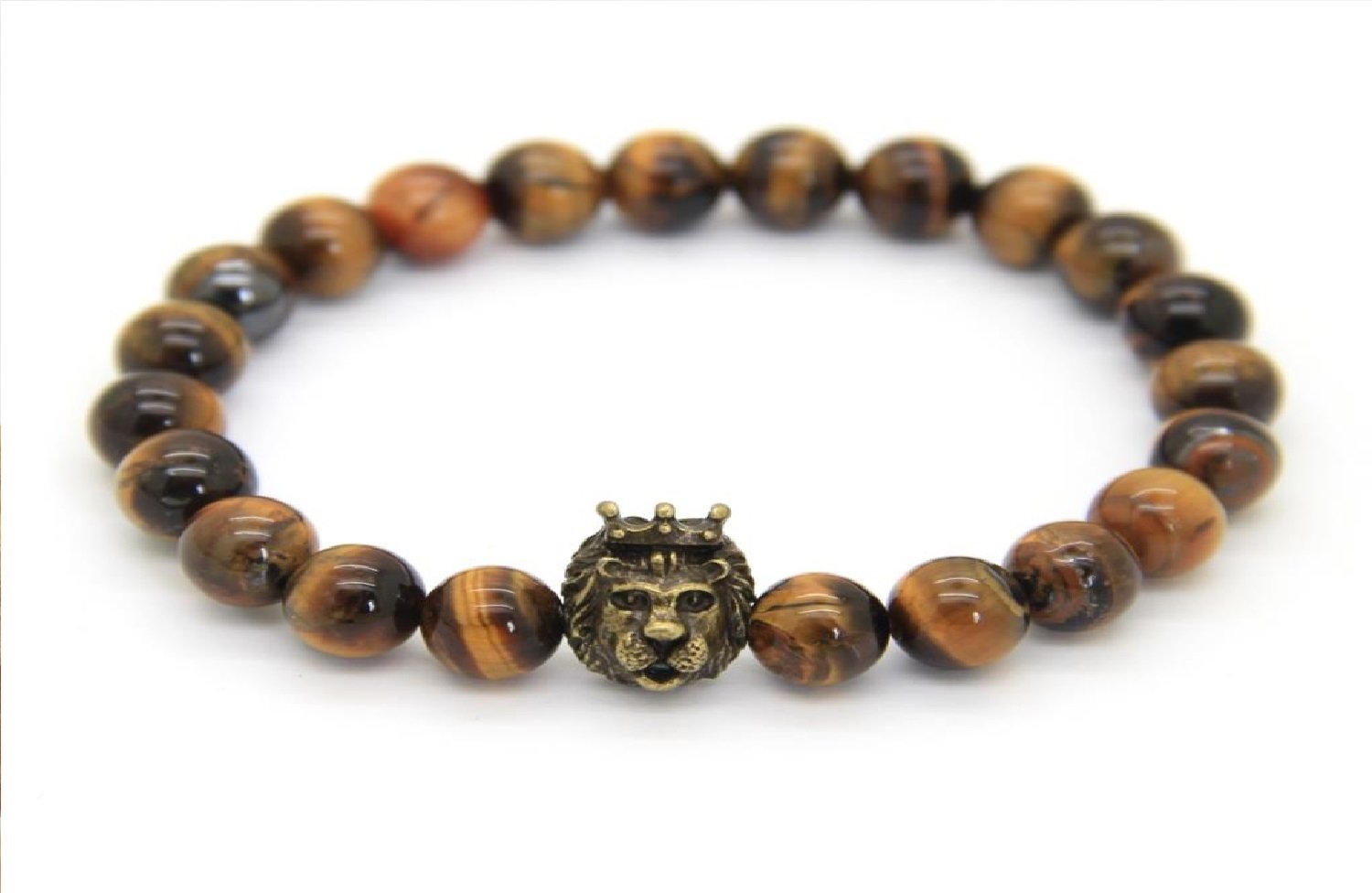 Men's Natural Tiger Eye Stone Beads with Gold Crown Lion Head Bracelet