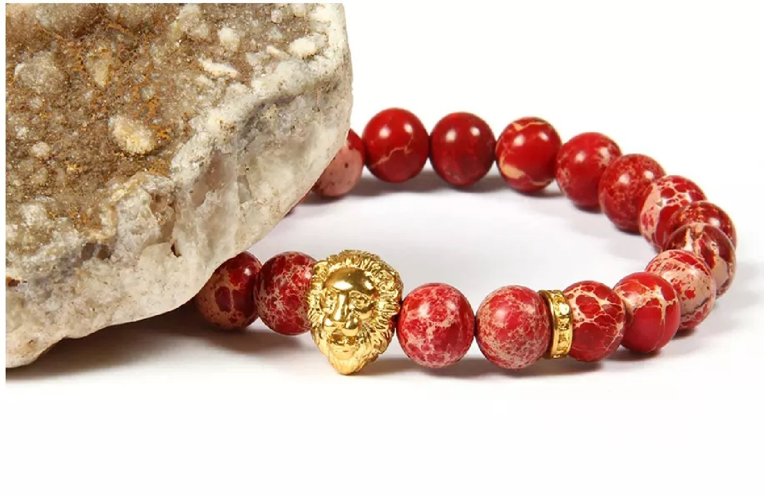 Men's Sediment Imperial Stone With Rose Stainless Steel Lion Head Red Beaded Bracelet