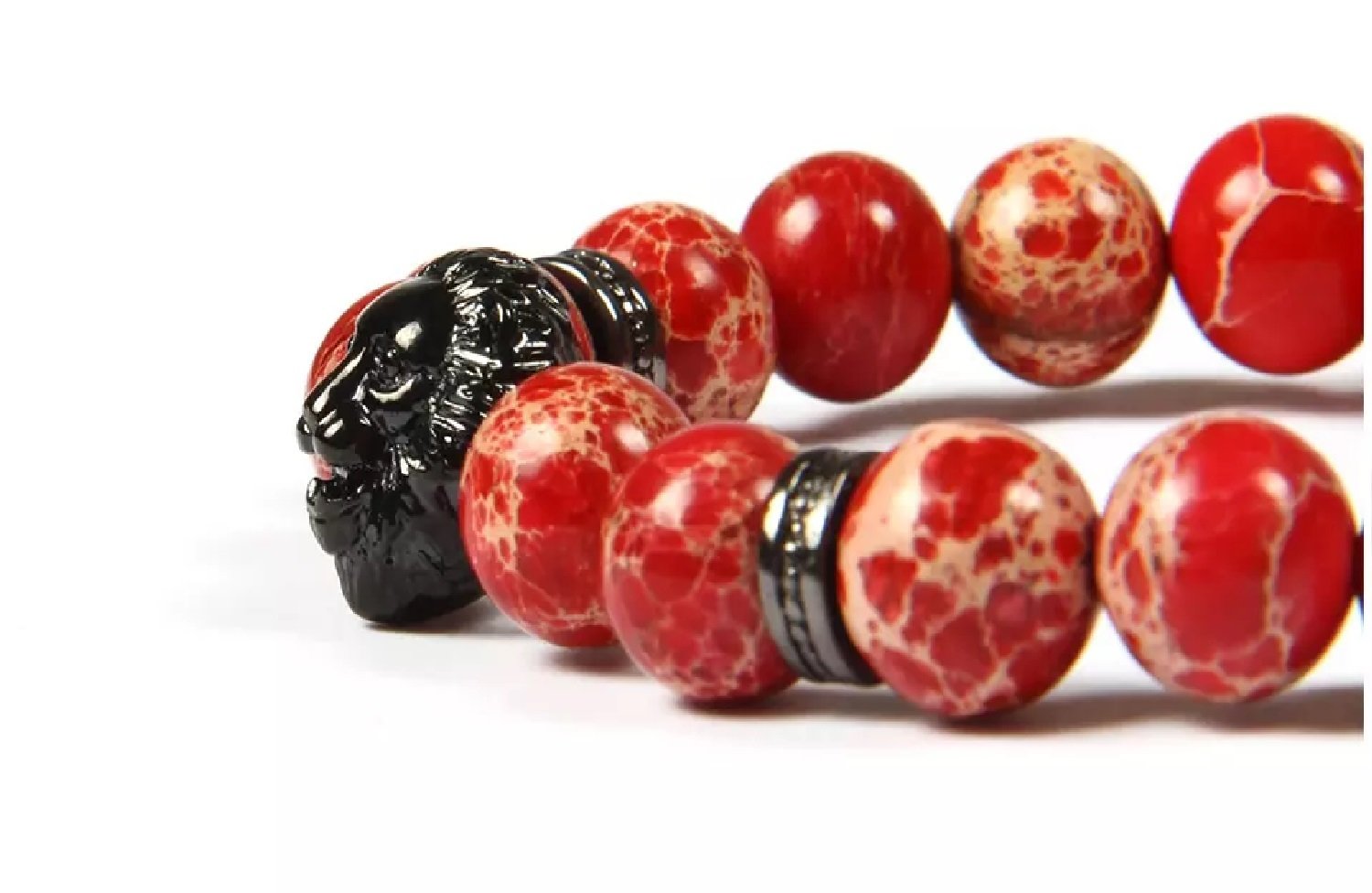 Men's Sediment Imperial Stone With Black Stainless Steel Lion Head Red Beaded Bracelet