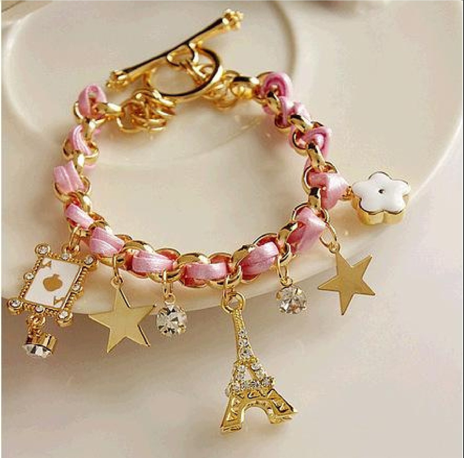 Hand-woven fashion five-pointed star flower poker A Paris Eiffel Tower crown leather rope braided bracelet*
