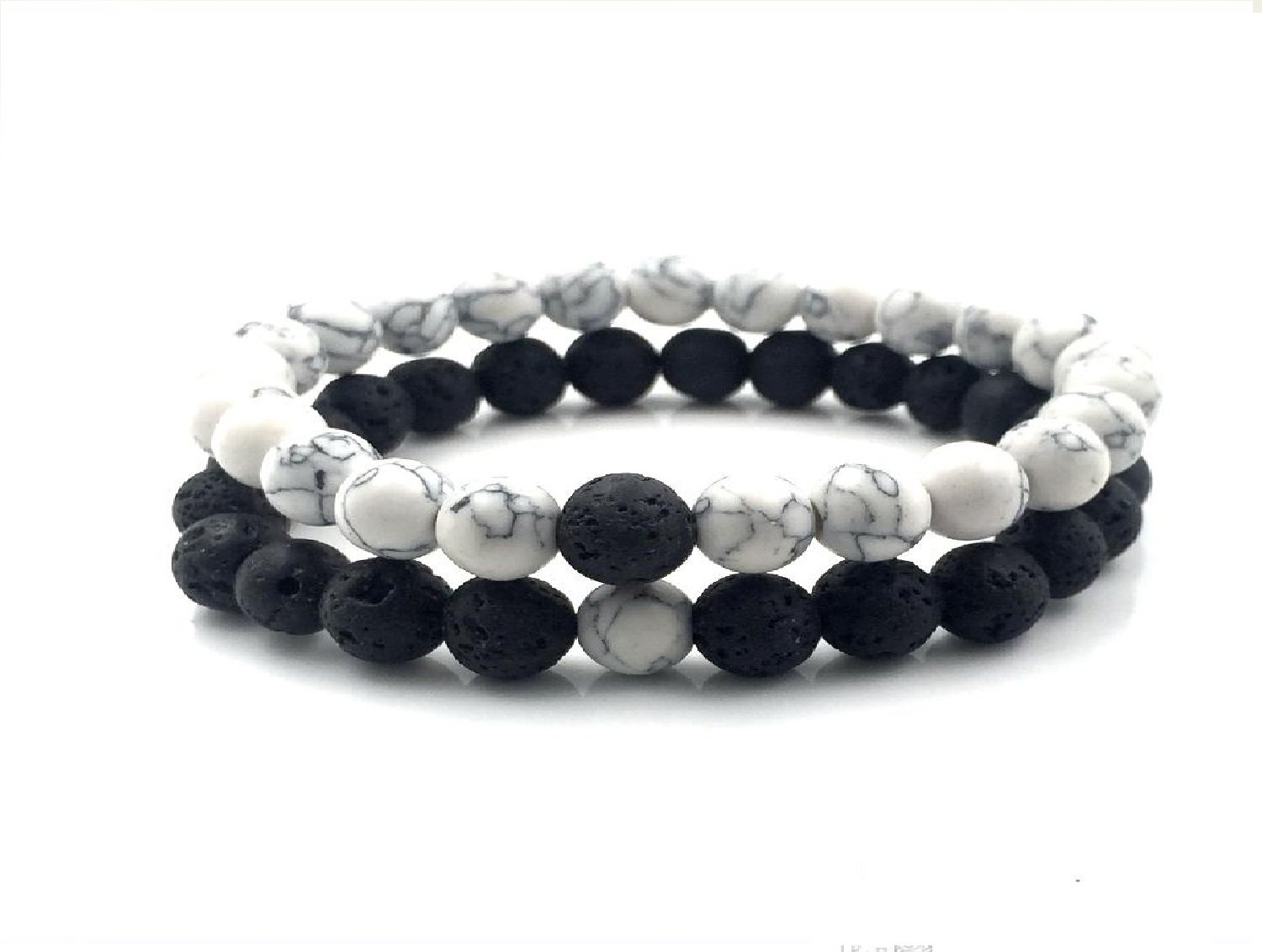 White Howlite stone and Volcanic Rock Lava Stone Beads Bracelets stretch set