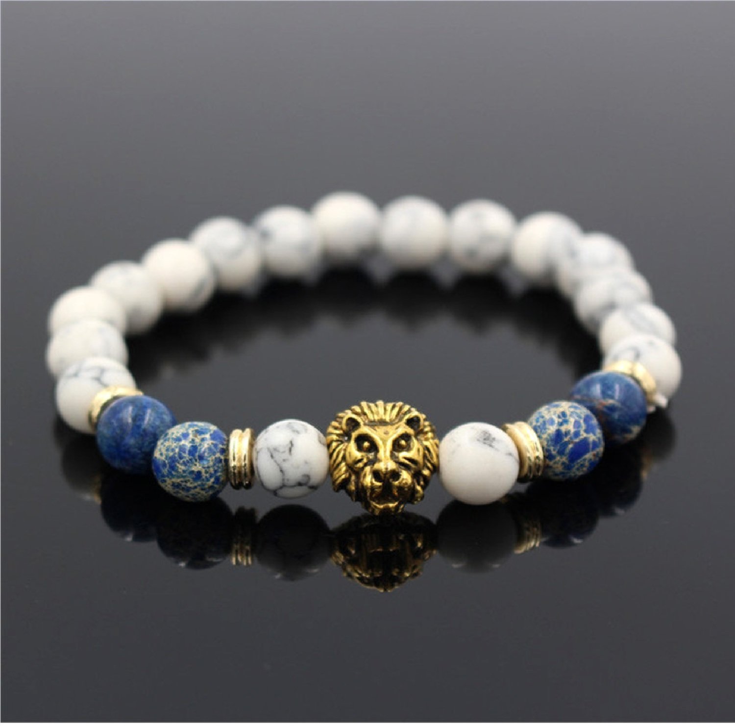 White Howlite Agate Stone Bead Bracelet Antique Gold Color Lion Head Charm Yoga Bracelet*