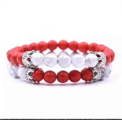 Agate & White Howlite Stone Crown King Beads His and Hers Couple Lover Bracelet Jewelry*