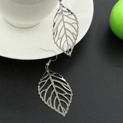 Silver metal hollow leaf earring