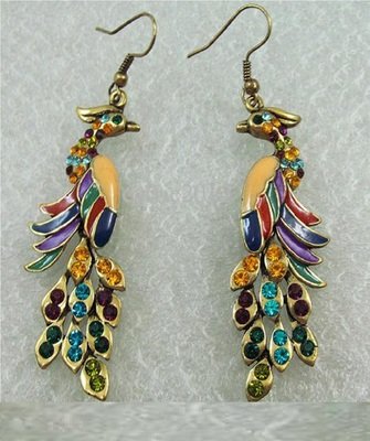 Vintage Peacock Colorful Crystal Gold Earrings