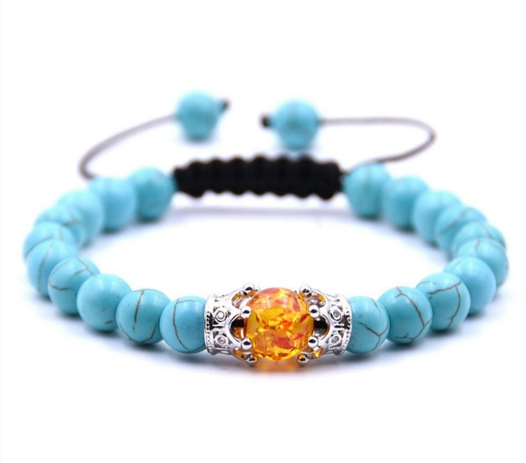 Woven adjustable turquoise Amber beaded bracelet with double crown