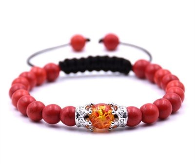 Woven adjustable Red Turquoise beaded Amber beaded bracelet with double crown