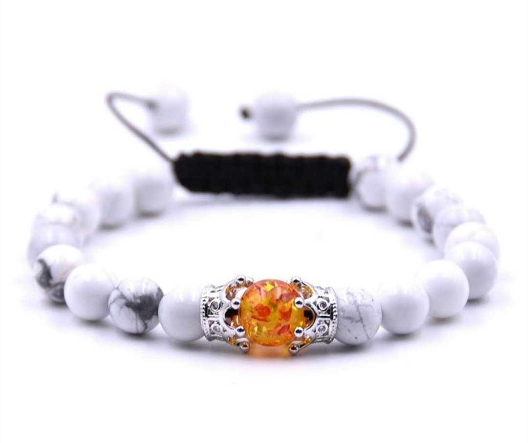 Woven adjustable White Howlite beaded Amber beaded bracelet with double crown