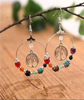 Natural Stone 7 Reiki Chakra Healing Balance Beads Earrings The Tree Of Life