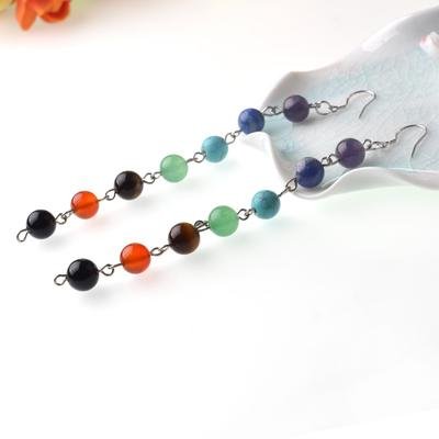 7 Chakra Beads Yoga Reiki Rainbow Round Long Drop Silver Color Natural Stone Earrings