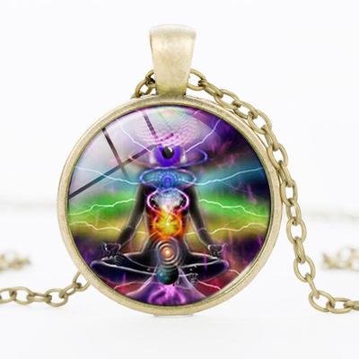 Reiki chakra pendant OM Glass long healing mandala necklace