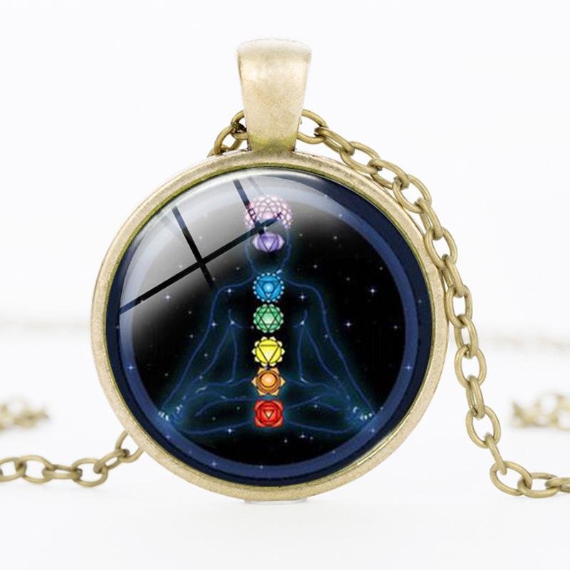 Reiki chakra pendant OM Glass long healing mandala necklace (SILVER CHAIN)