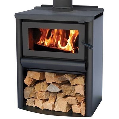 RAVENHALL steel freestanding log fire with wood stacker and integrated ash pan.