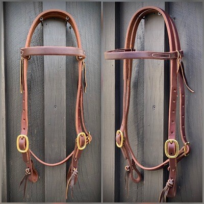 Double Brass Buckle Browband Headstall 5/8" Oiled Harness Leather with Tie Ends
