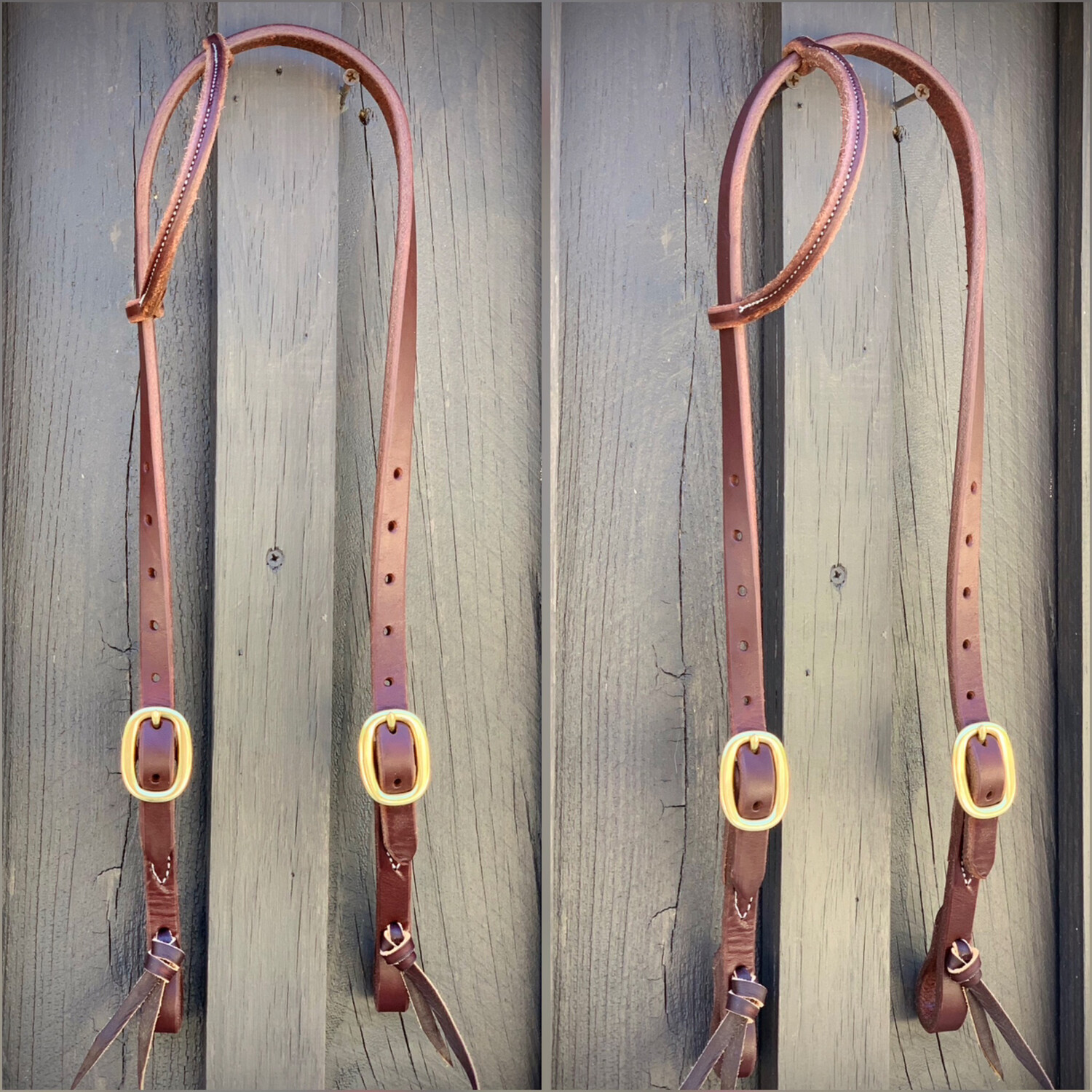 Double Brass Buckle One Ear Headstall 5/8" Oiled Harness Leather with Tie Ends