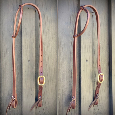 Single Buckle One Ear Headstall 5/8" Oiled Harness Leather with Brass Buckle and Tie Ends