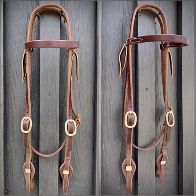 Quick Change Double Buckle Browband Headstall 5/8" Oiled Harness Leather with Brass Hardware