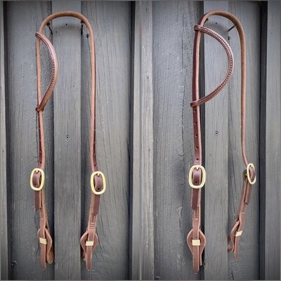 Quick Change Double Buckle One Ear Headstall 5/8" Oiled Harness Leather with Brass Hardware