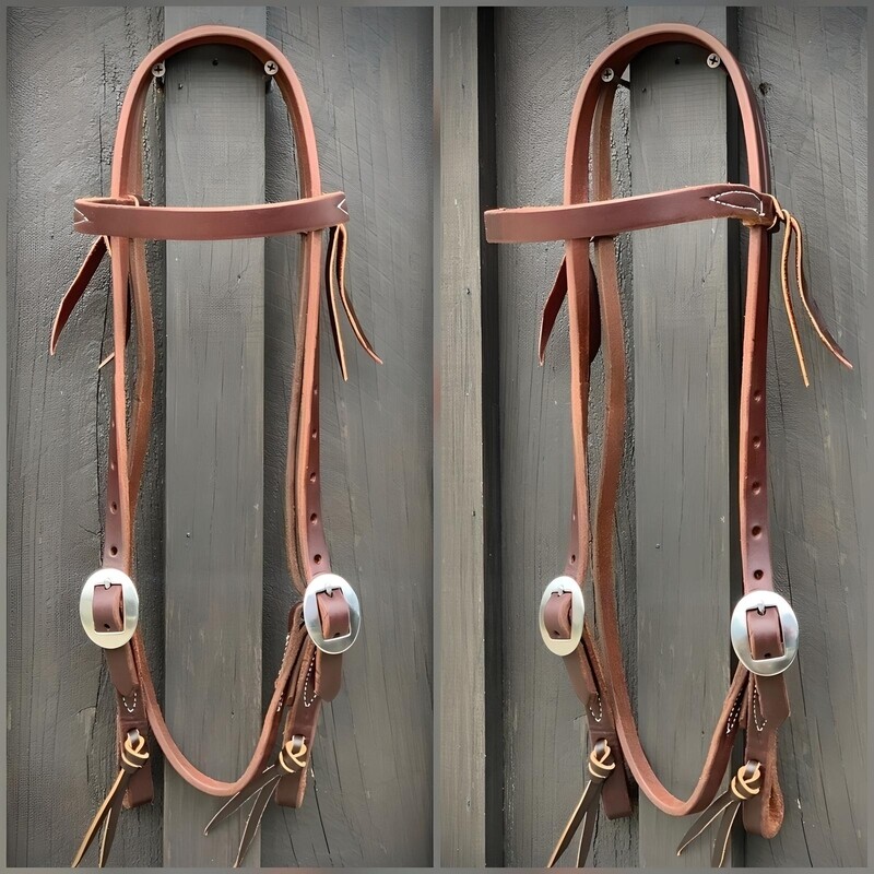 Double Stainless Steel Cart Buckle Browband Headstall 5/8&quot; Oiled Harness Leather with Tie Ends