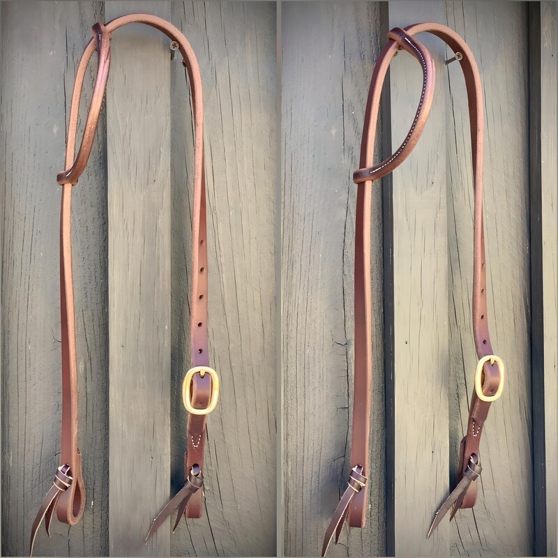 Single Buckle One Ear Headstall 5/8&quot; Oiled Harness Leather with Brass Buckle and Tie Ends