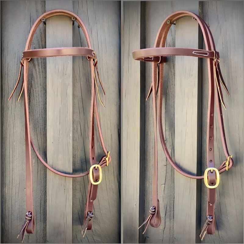 Single Buckle Browband Headstall 5/8&quot; Oiled Harness Leather with Brass Buckles and Tie Ends