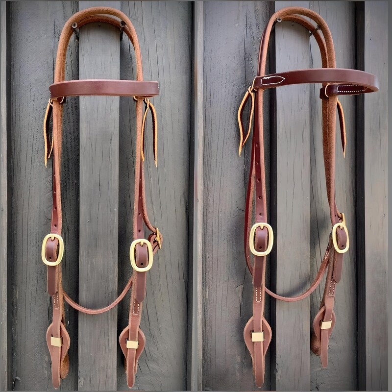 Quick Change Double Buckle Browband Headstall 5/8" Oiled Harness Leather with Brass Hardware