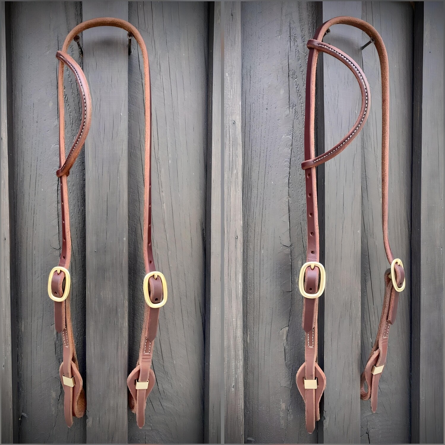 Quick Change Double Buckle One Ear Headstall 5/8&quot; Oiled Harness Leather with Brass Hardware