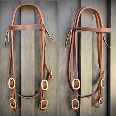 Four Buckle Browband Headstall 5/8&quot; Oiled Harness Leather with Brass Buckles