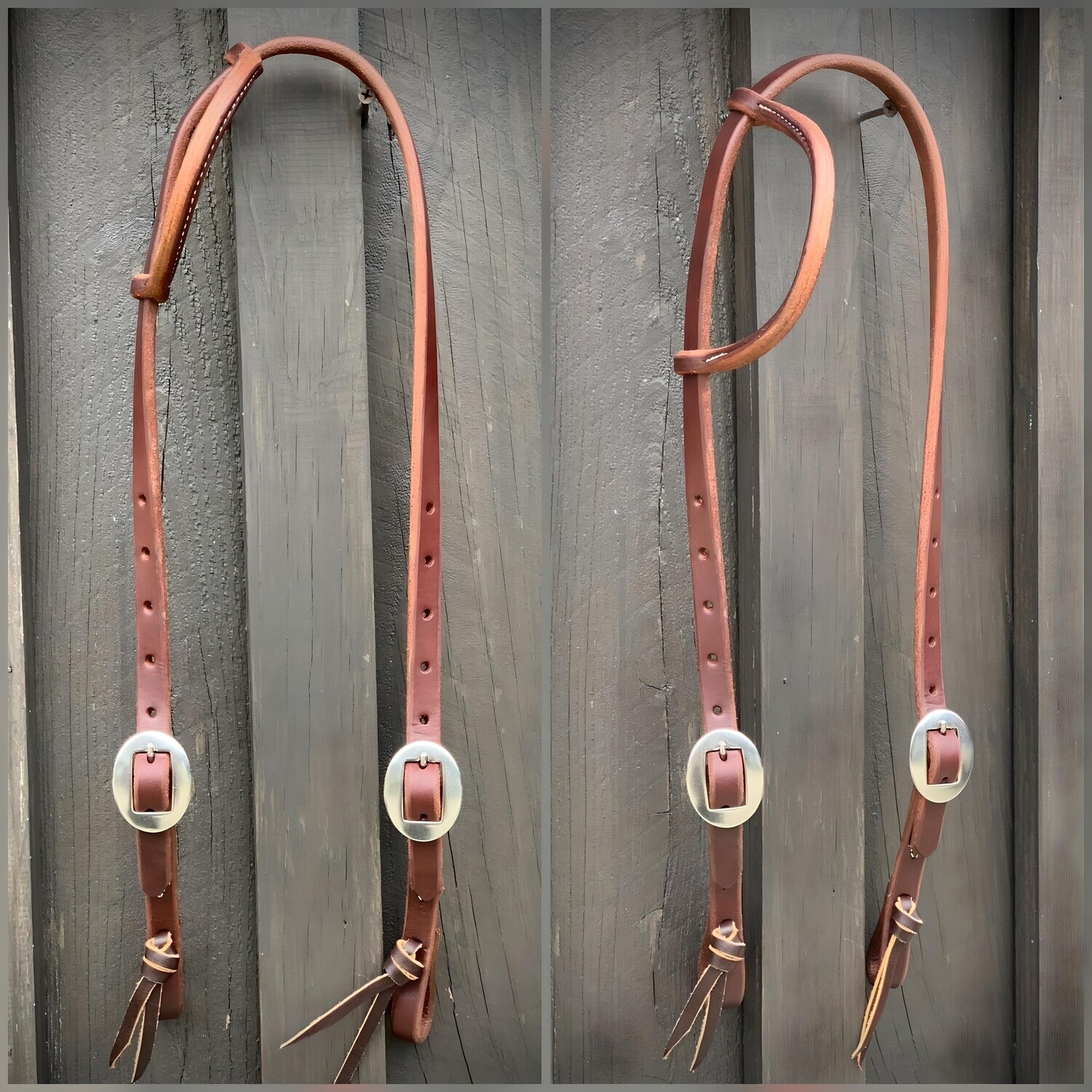 Double Stainless Steel Cart Buckle One Ear Headstall 5/8&quot; Oiled Harness Leather with Tie Ends