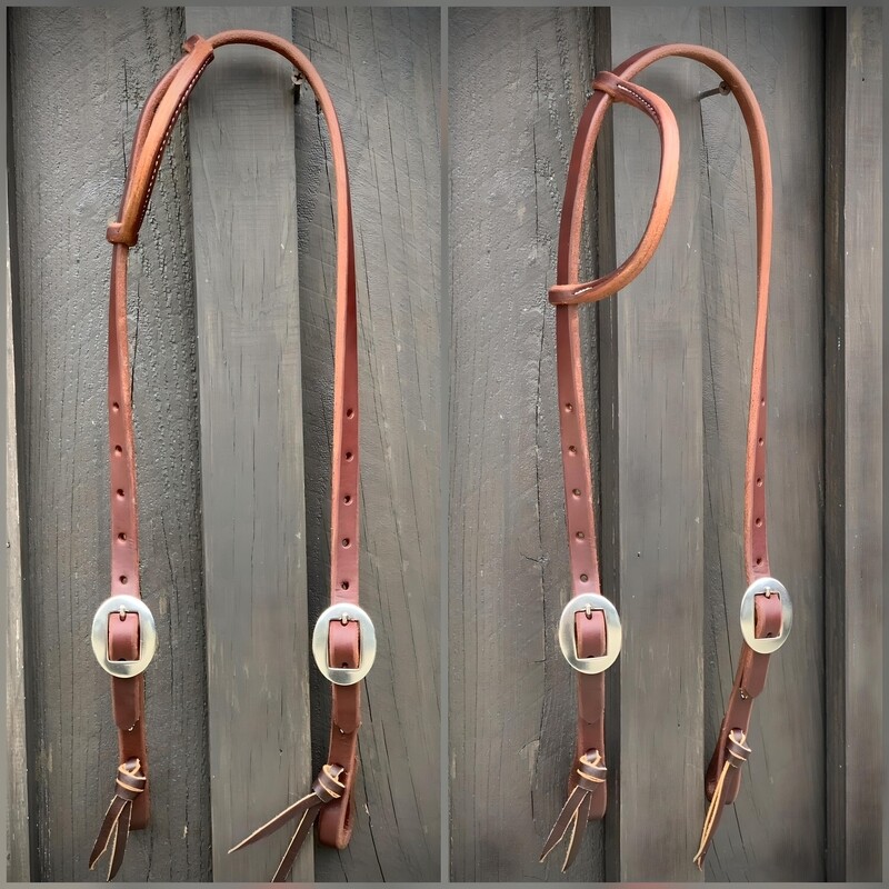 Double Stainless Steel Cart Buckle One Ear Headstall 5/8&quot; Oiled Harness Leather with Tie Ends