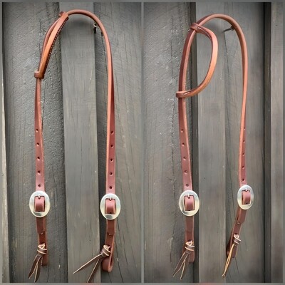 Double Stainless Steel Cart Buckle One Ear Headstall 5/8&quot; Oiled Harness Leather with Tie Ends