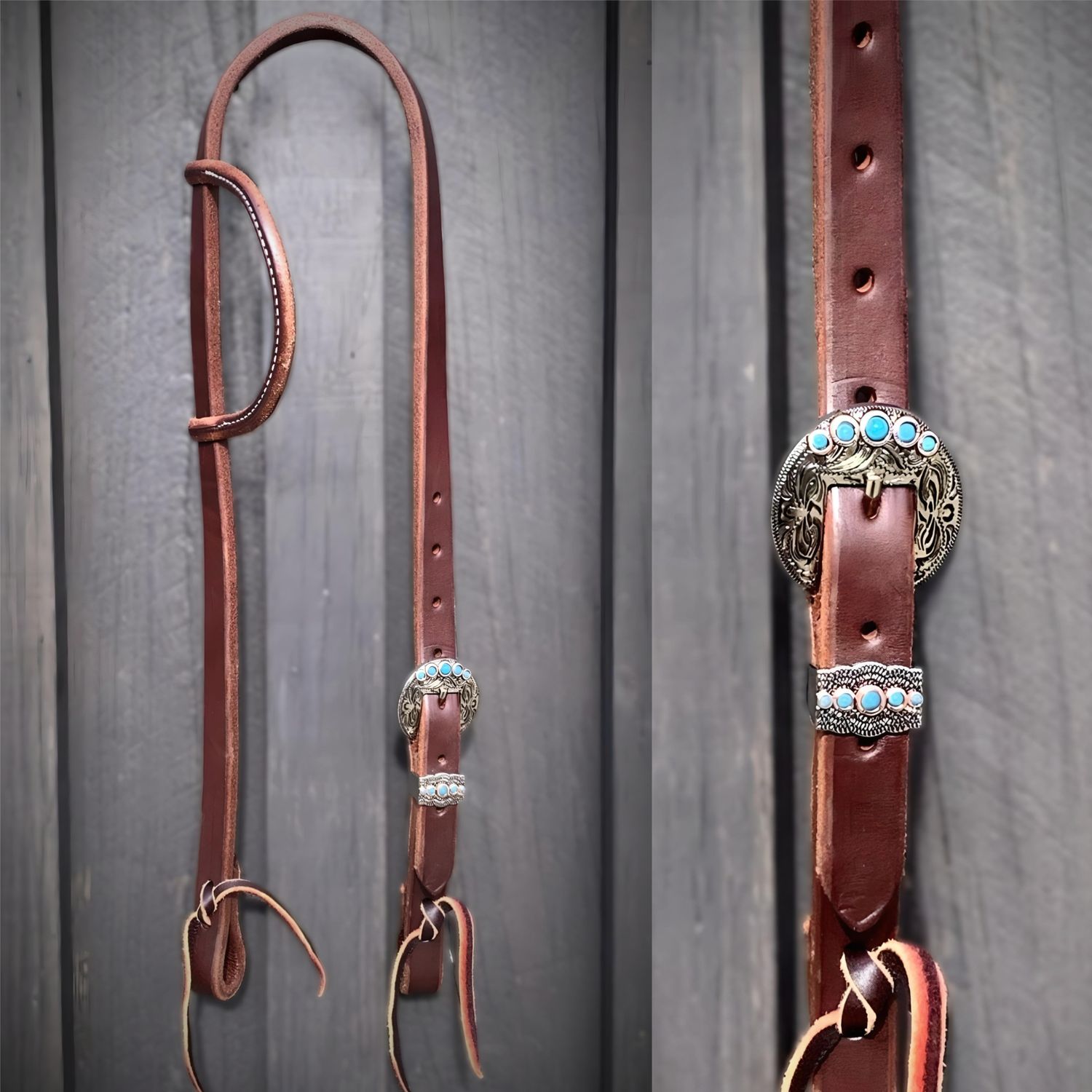 Single Buckle One Ear Headstall 3/4&quot; Oiled Harness Leather with Turquoise Dotted Buckle and Tie Ends