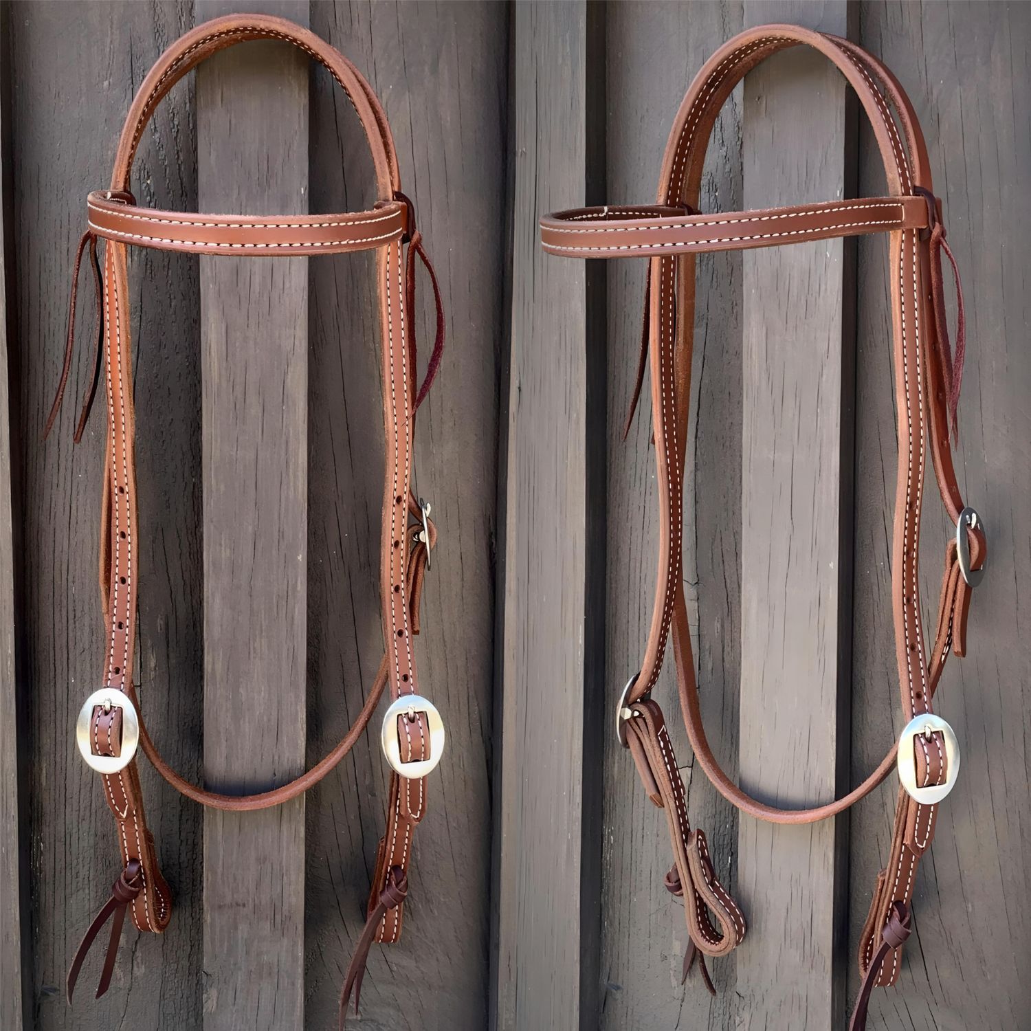 Stitched &amp; Double Stainless Steel Buckle Browband Headstall 5/8&quot; Oiled Harness Leather with Tie Ends