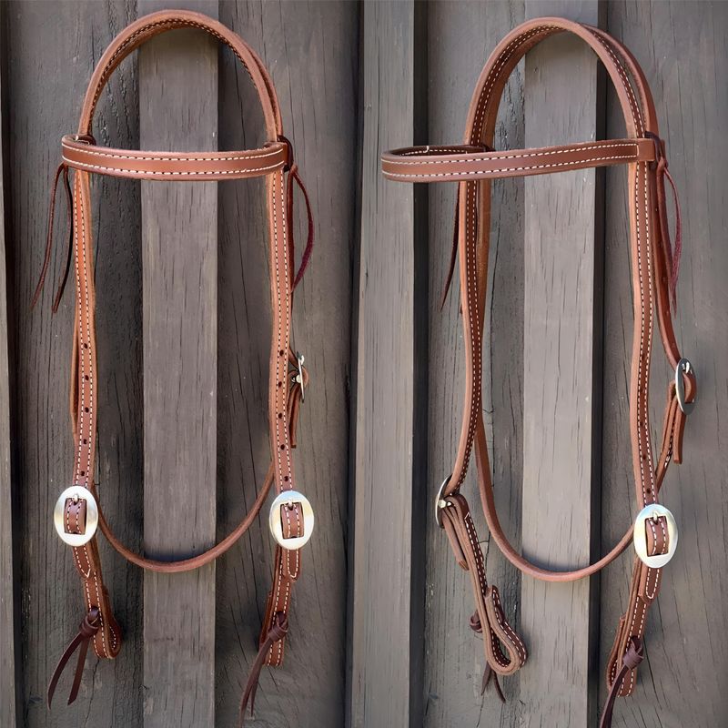 Stitched &amp; Double Stainless Steel Buckle Browband Headstall 5/8&quot; Oiled Harness Leather with Tie Ends