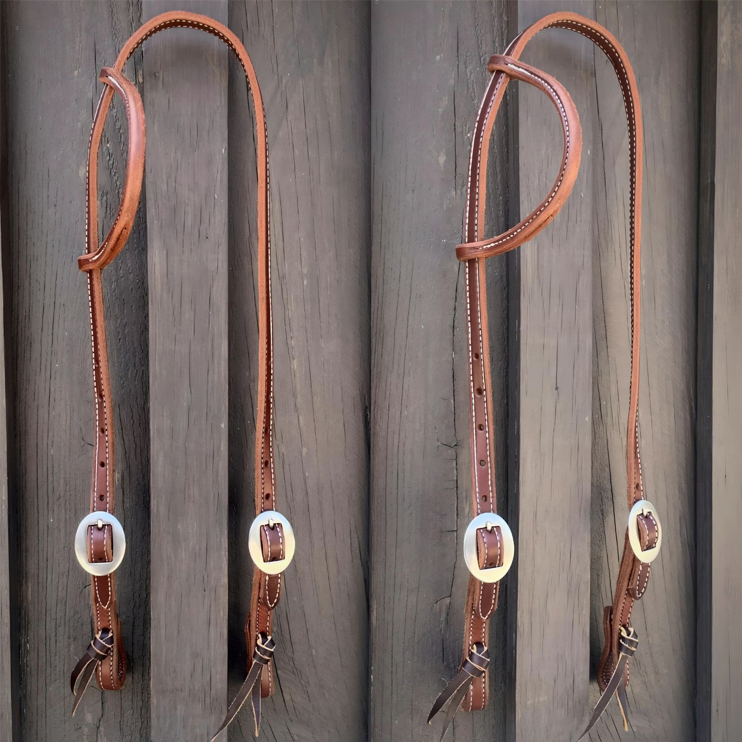 Stitched &amp; Double Stainless Steel Buckle One Ear Headstall 5/8&quot; Oiled Harness Leather with Tie Ends