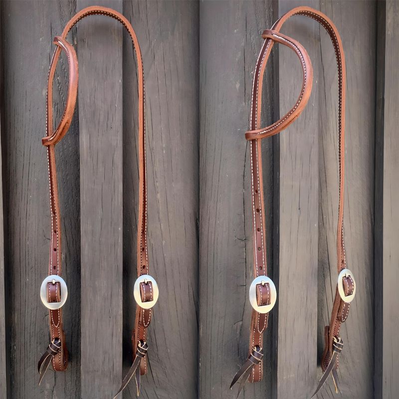 Stitched &amp; Double Stainless Steel Buckle One Ear Headstall 5/8&quot; Oiled Harness Leather with Tie Ends