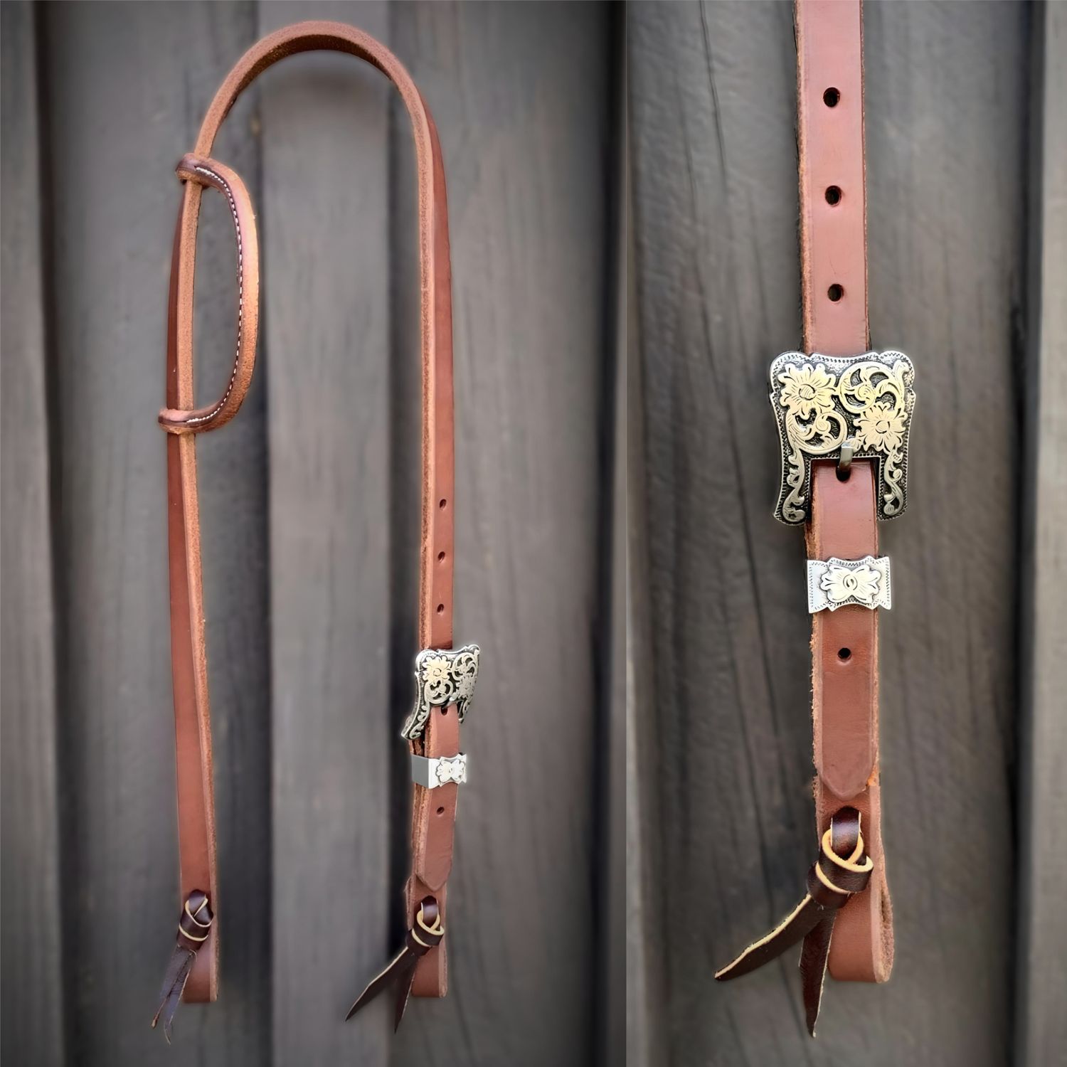 Single Buckle One Ear Headstall 3/4&quot; Oiled Harness Leather with Floral Buckle and Tie Ends