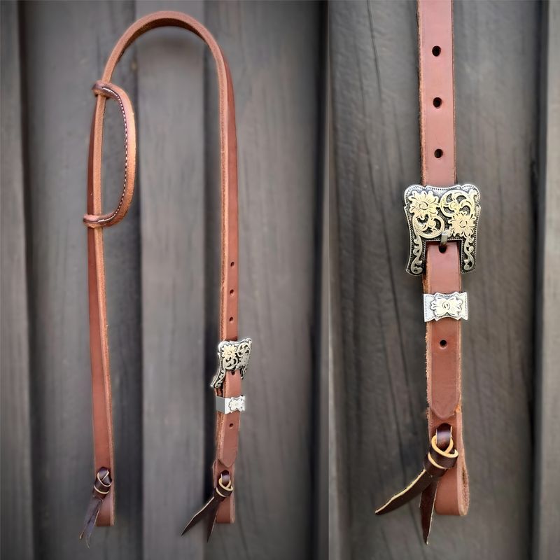 Single Buckle One Ear Headstall 3/4&quot; Oiled Harness Leather with Floral Buckle and Tie Ends